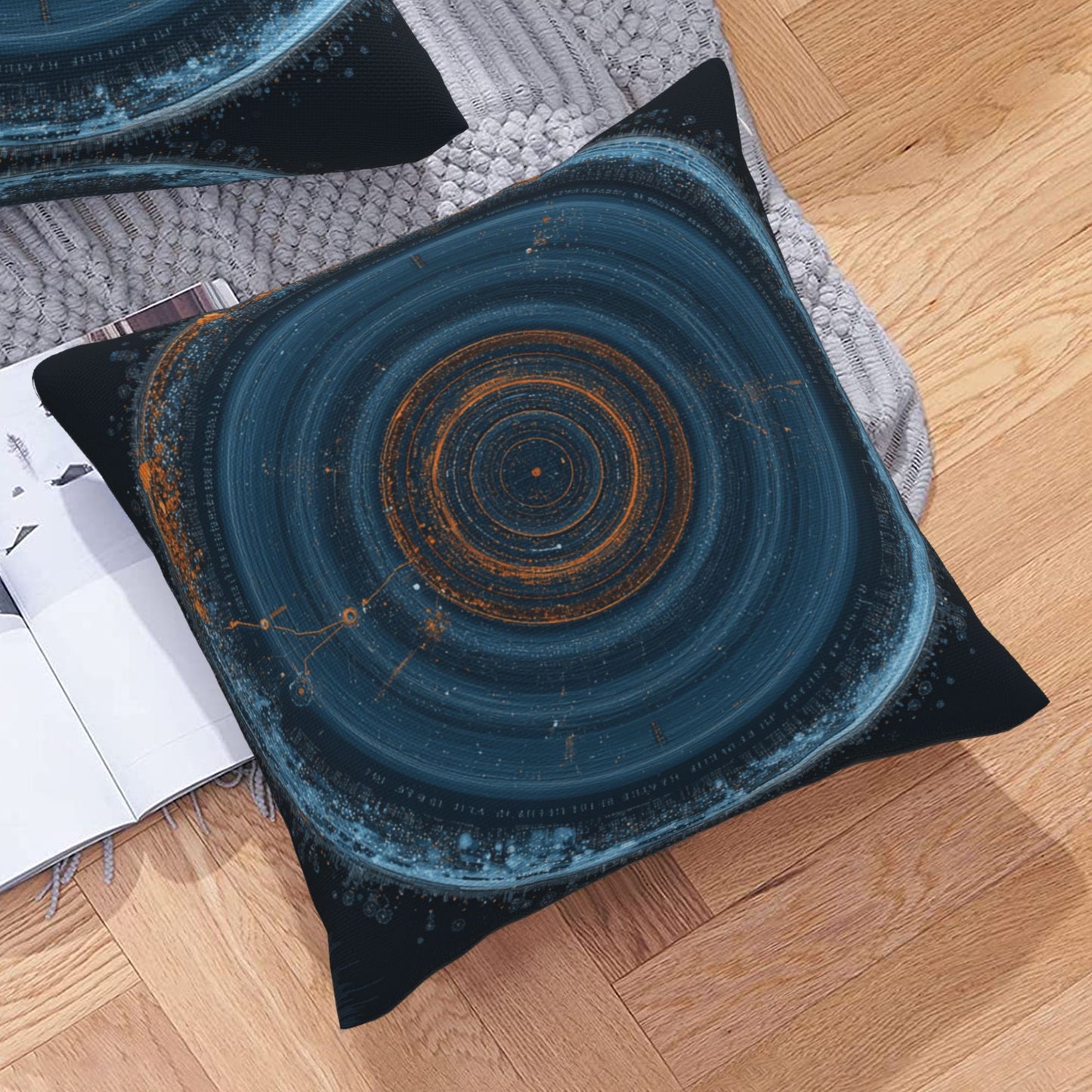 Geometric Sci-Fi Ripple Decorative Throw Pillow – Deep Blue Cosmic Energy Design