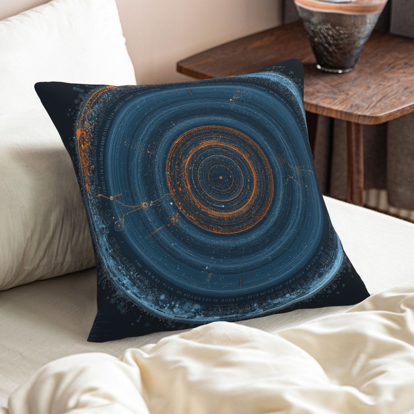 Geometric Sci-Fi Ripple Decorative Throw Pillow – Deep Blue Cosmic Energy Design