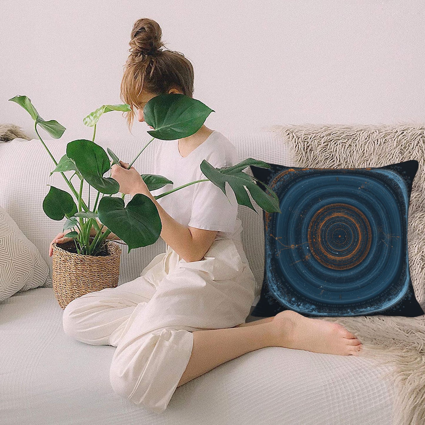 Geometric Sci-Fi Ripple Decorative Throw Pillow – Deep Blue Cosmic Energy Design
