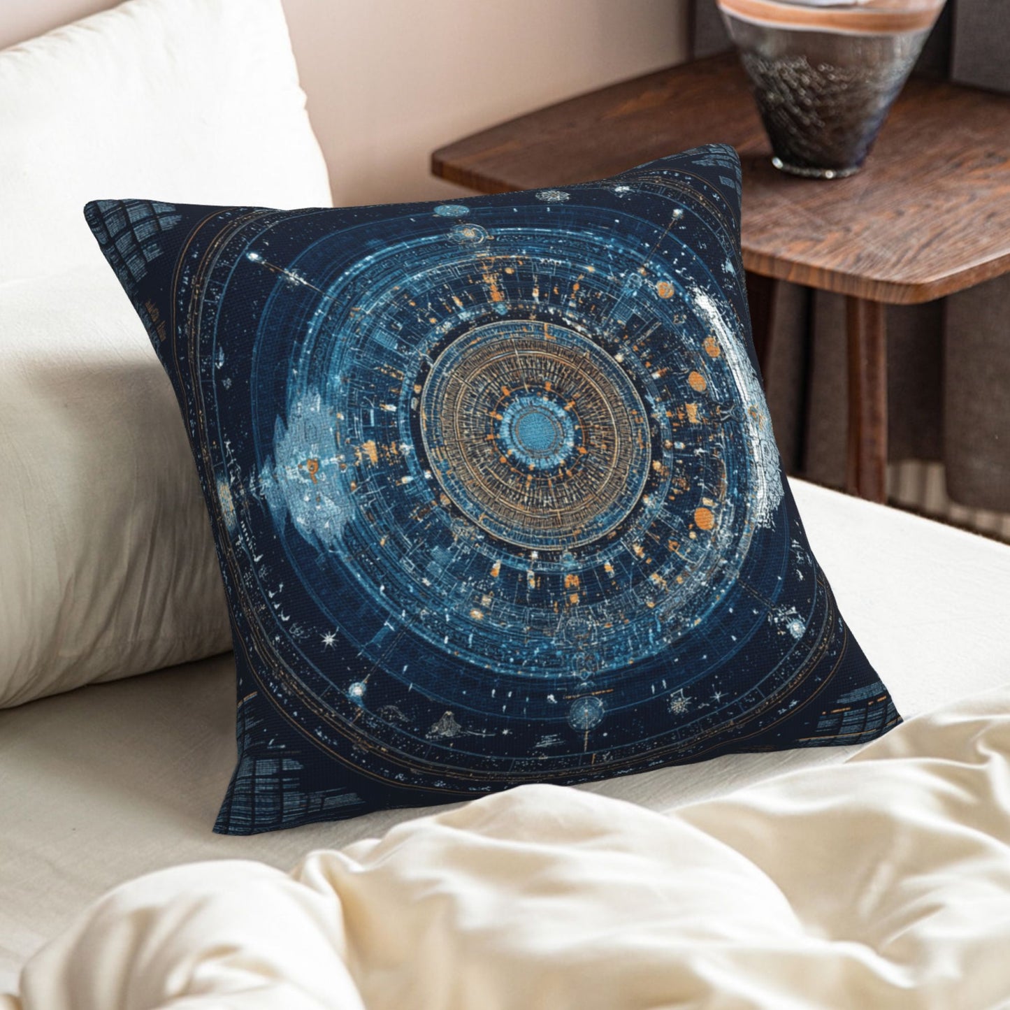Sci-Fi Futuristic Geometric Energy Core Pillow – Deep Blue Cosmic Pattern Cushion