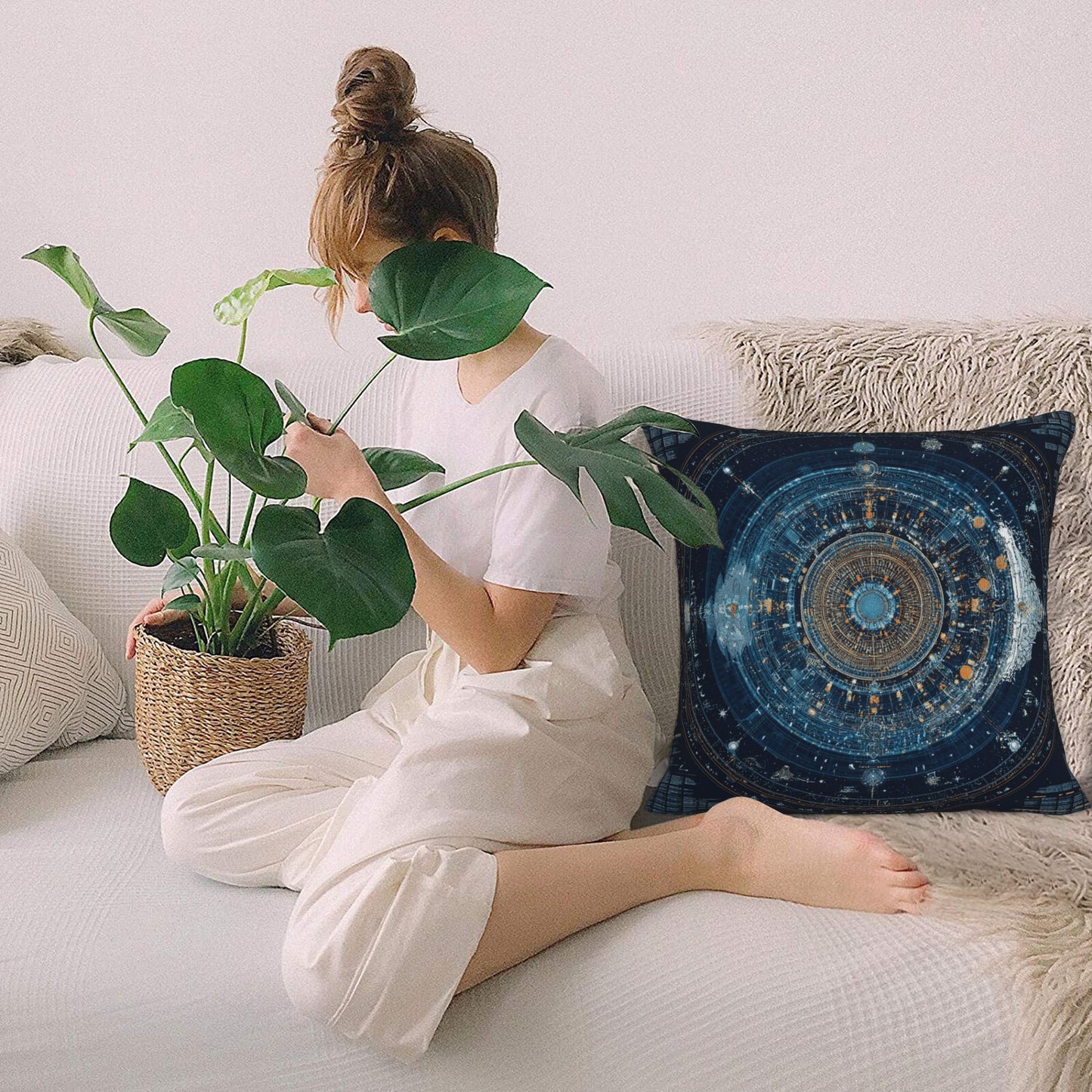 Sci-Fi Futuristic Geometric Energy Core Pillow – Deep Blue Cosmic Pattern Cushion