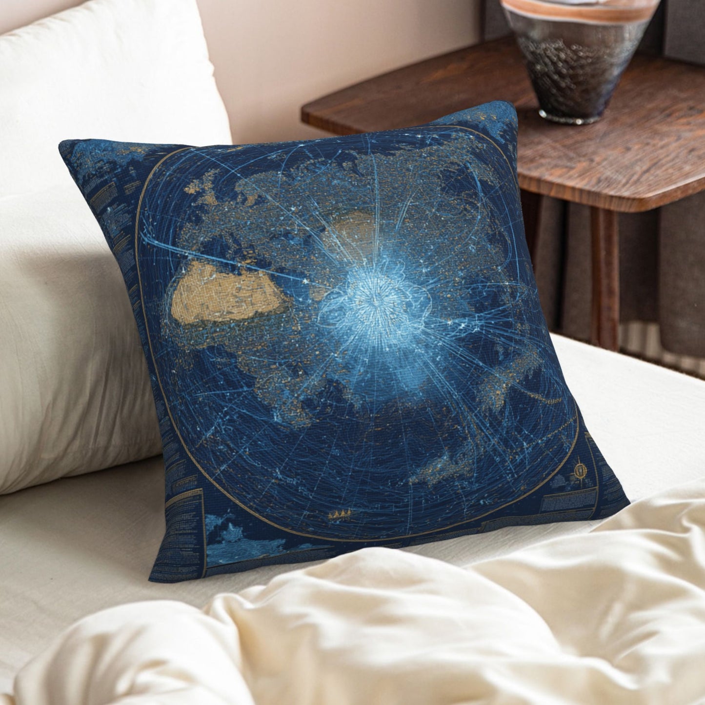 Galaxy World Map Geometric Throw Pillow – Blue Cosmic Design Decorative Cushion