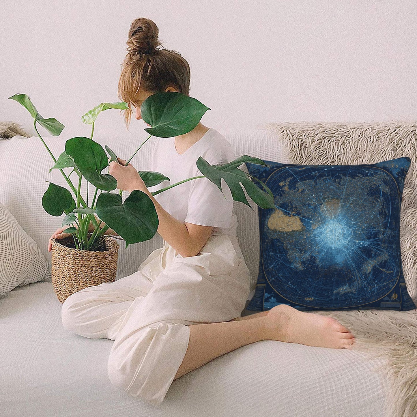 Galaxy World Map Geometric Throw Pillow – Blue Cosmic Design Decorative Cushion