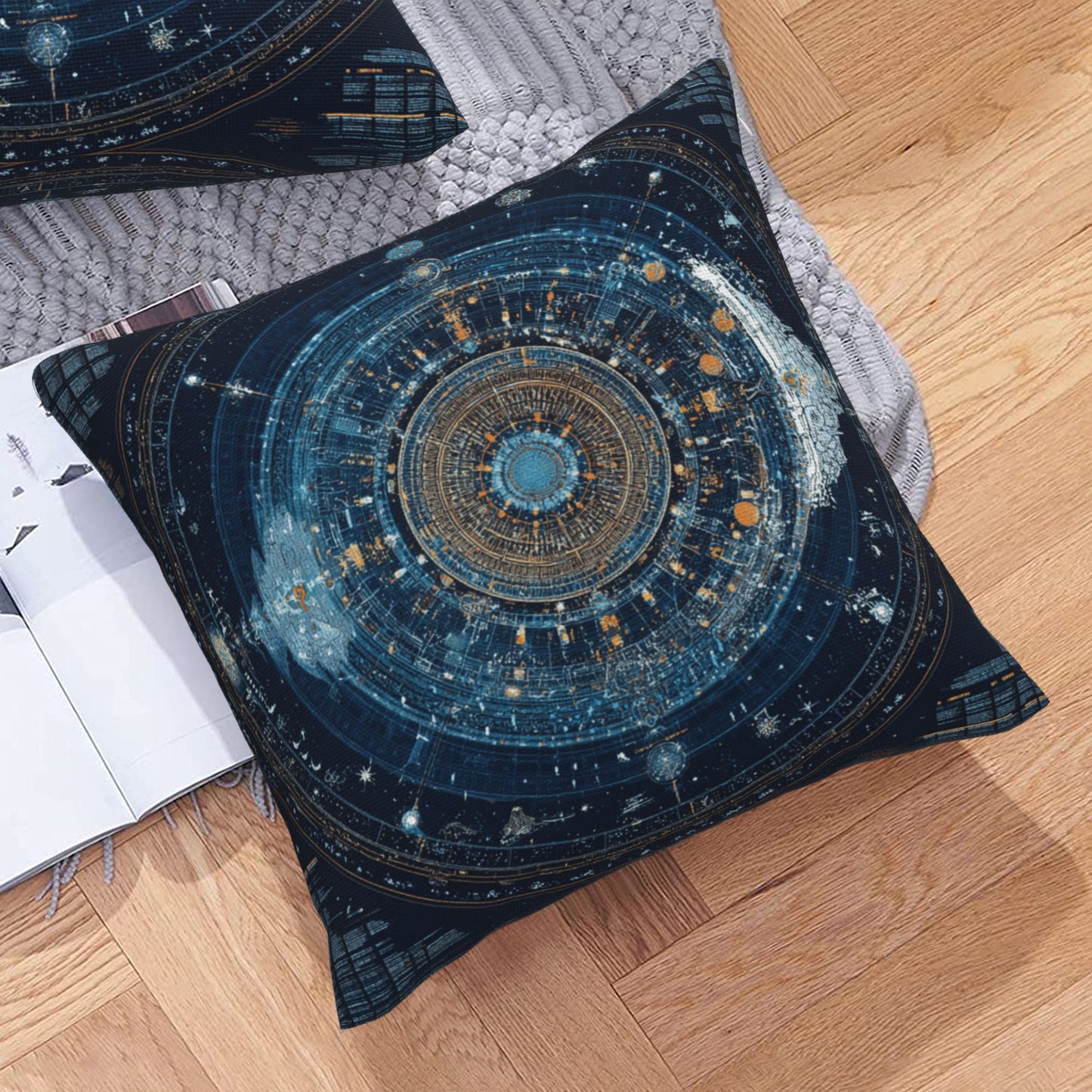 Sci-Fi Futuristic Geometric Energy Core Pillow – Deep Blue Cosmic Pattern Cushion