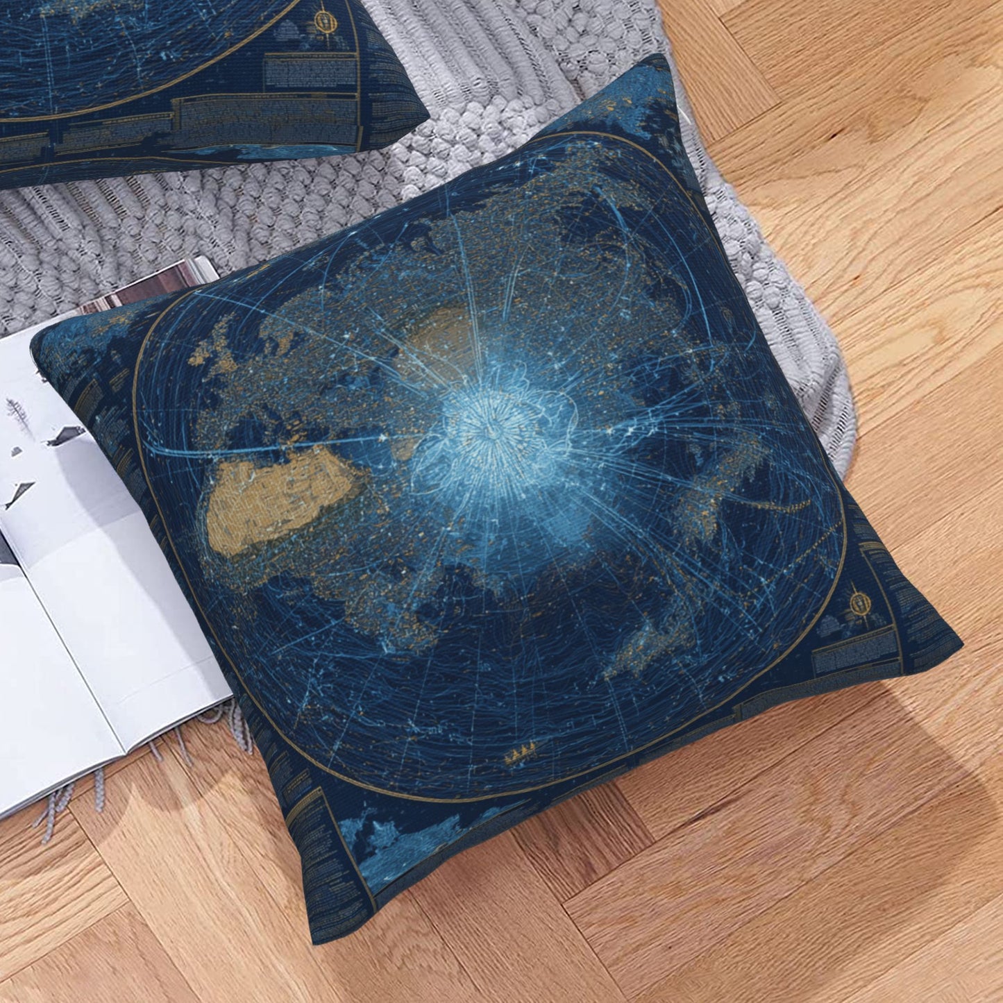 Galaxy World Map Geometric Throw Pillow – Blue Cosmic Design Decorative Cushion